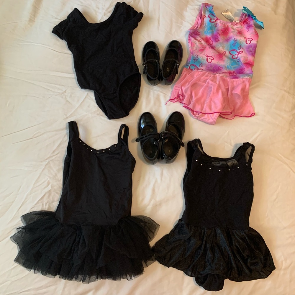 4 leotards 2 pair of tap shoes- dance bundle